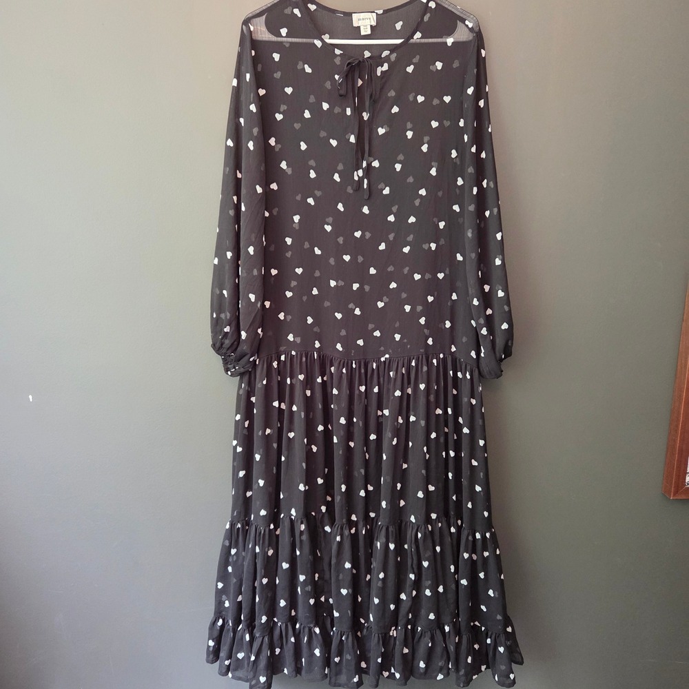 Maeve Anthropologie Black Heart Print Tiered Sheer Maxi Dress O/S Whimsigoth